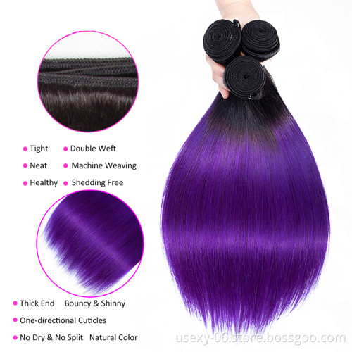 Purple Raw Indian Hair Weave Bundles Pre Colored Straight Virgin Cuticle Aligned Hair Weft Ombre Human Hair Bundles